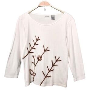 Cali Cali Ivory White Embroidered Floral Botanical 3/4 Sleeve Tee T-Shirt Top